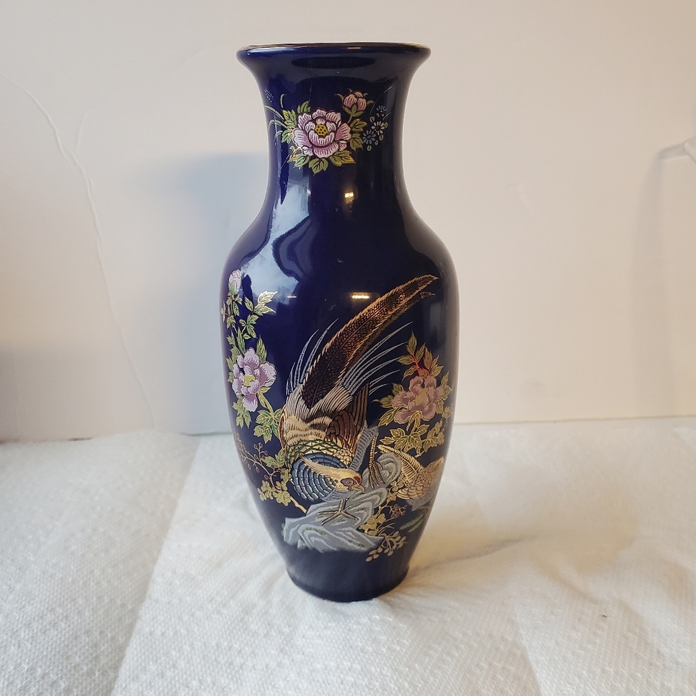 Vintage Cobalt Porcelain Hand Painted Vase Japan